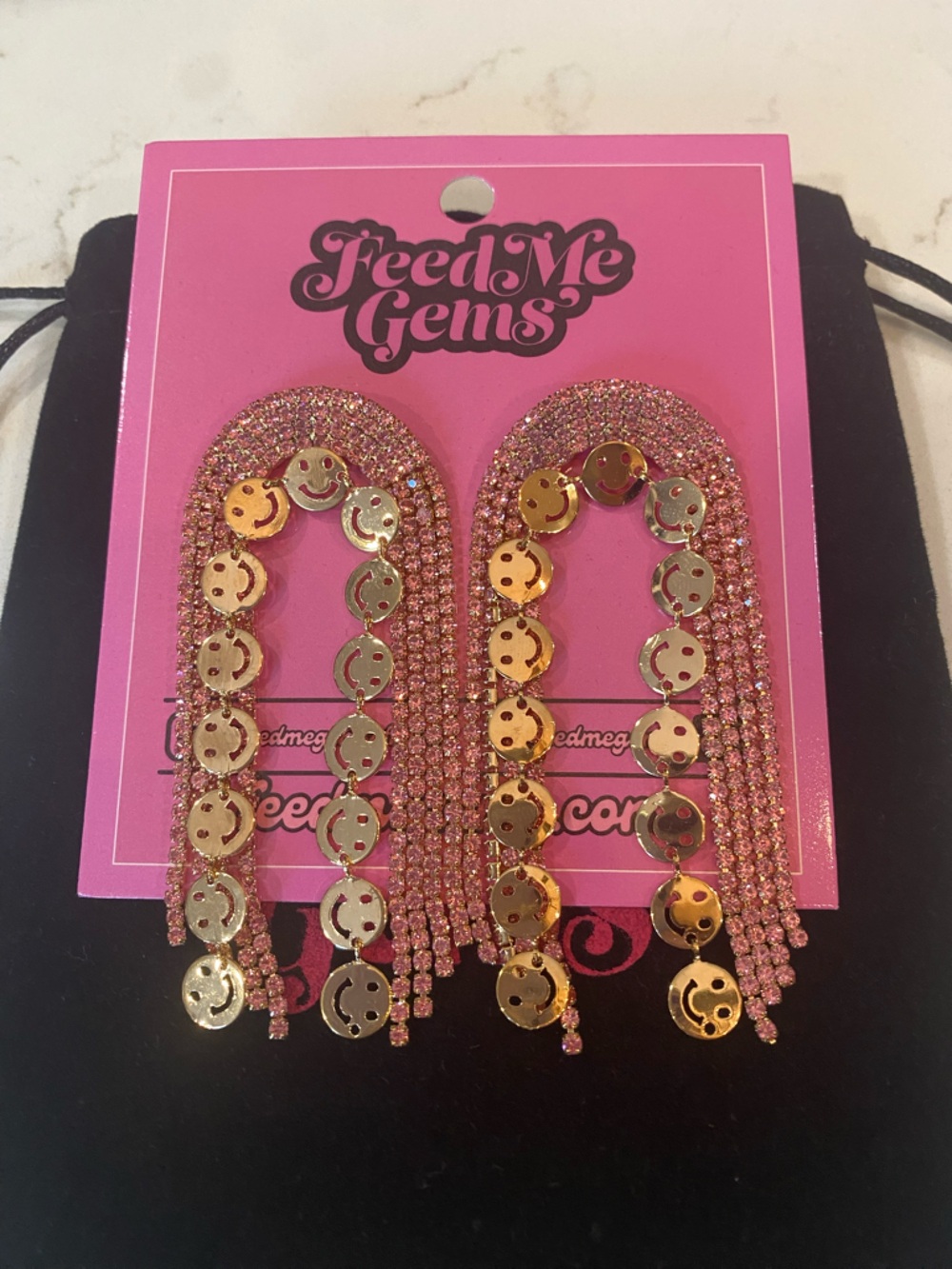 Feed Me Gems Blush Rhinestone Smiley Earrings